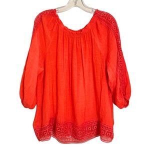 Zac & Rachel Orange Boho Lace Blouse Balloon Sleeves‎ Size 1X Coastal Grandma
